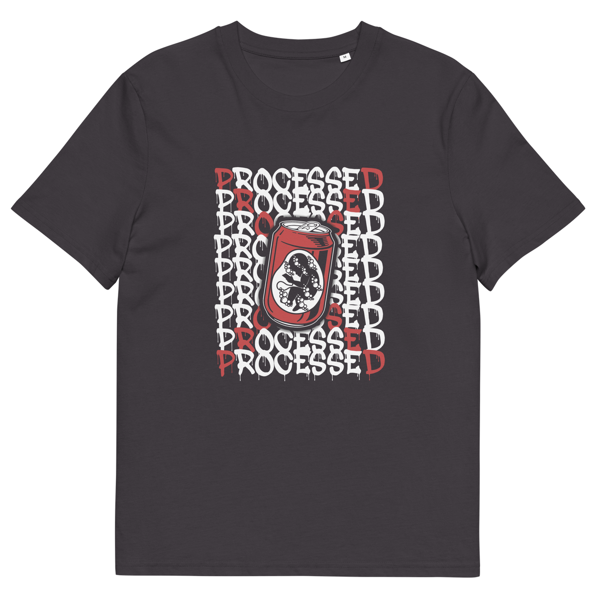 An anthracite short sleeved crew neck t-shirt with a graphic of a baby in a soda can on the phone, surrounded by the text "PROCESSED" in white and red.