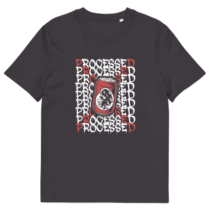 An anthracite short sleeved crew neck t-shirt with a graphic of a baby in a soda can on the phone, surrounded by the text "PROCESSED" in white and red.
