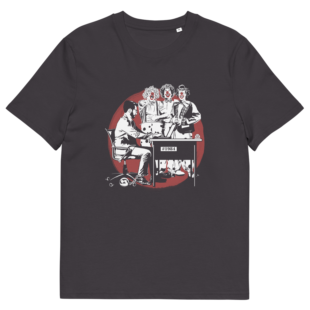 An anthracite grey short sleeved crew neck t-shirt with a white and red graphic of three clowns laughing and pointing at an office worker.