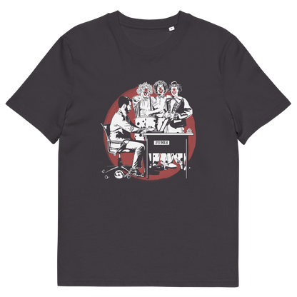 An anthracite grey short sleeved crew neck t-shirt with a white and red graphic of three clowns laughing and pointing at an office worker.