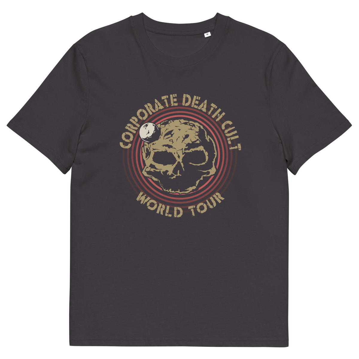 An anthracite grey  short sleeved crew neck t-shirt with a skull shaped dead planet graphic with "CORPORATE DEATH CULT WORLD TOUR" printed around it.