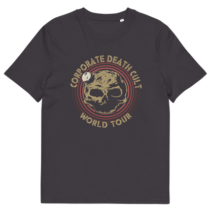 An anthracite grey  short sleeved crew neck t-shirt with a skull shaped dead planet graphic with "CORPORATE DEATH CULT WORLD TOUR" printed around it.