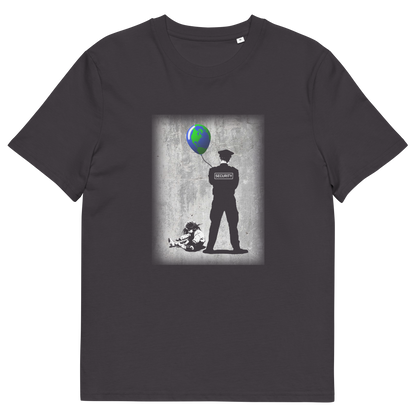 An anthracite grey short sleeved crew neck t-shirt with a graffiti stencil design of a girl sitting on the floor, tying her shoelace while a security guard looks after her globe balloon. 