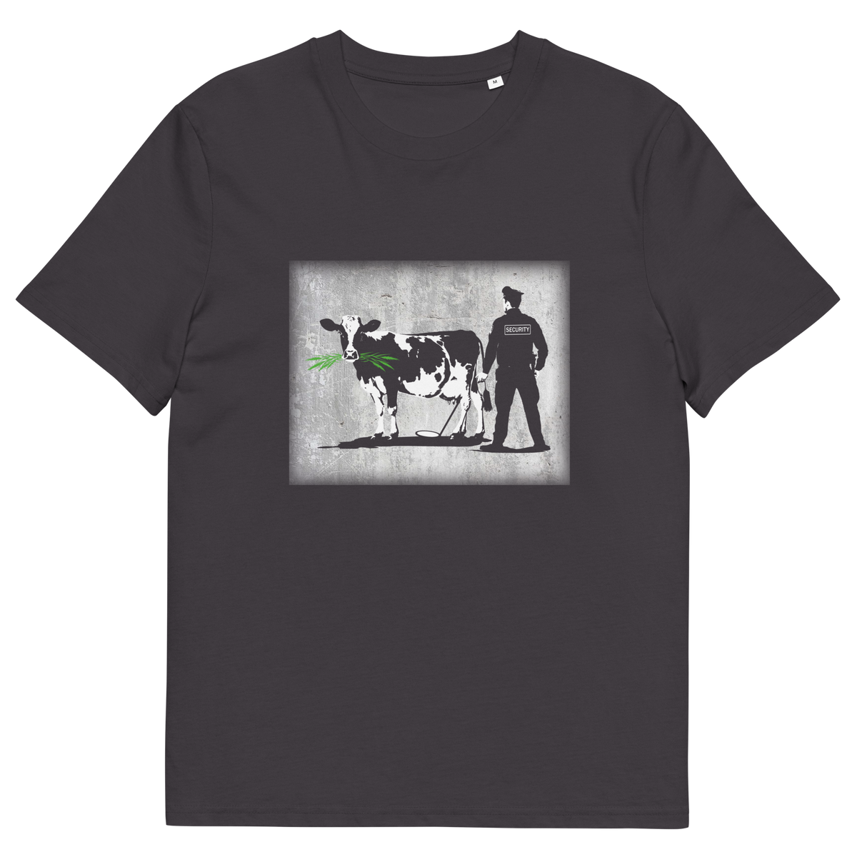 An anthracite  short sleeved crew neck t-shirt with a graffiti stencil design of a cow being checked by a security guard.