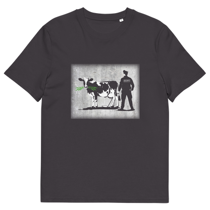 An anthracite  short sleeved crew neck t-shirt with a graffiti stencil design of a cow being checked by a security guard.