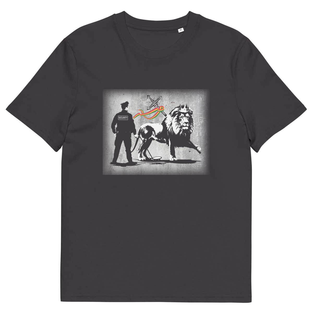 An anthracite short sleeved crew neck t-shirt with a graffiti stencil design of a security guard checking the underside of the Lion of Judah for explosives.