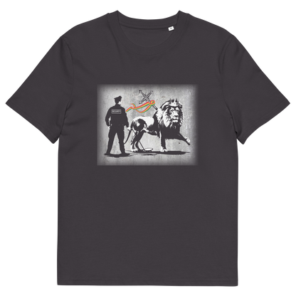 An anthracite short sleeved crew neck t-shirt with a graffiti stencil design of a security guard checking the underside of the Lion of Judah for explosives.