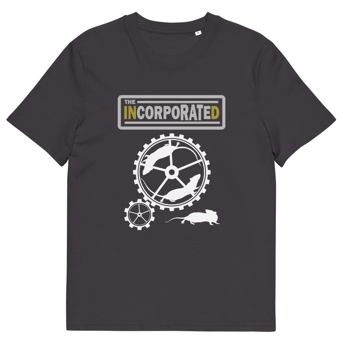 An anthracite grey short sleeved crew neck t-shirt with a text heading of " The Incorporated" above an image of rats running around a wheel.