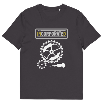 An anthracite grey short sleeved crew neck t-shirt with a text heading of " The Incorporated" above an image of rats running around a wheel.