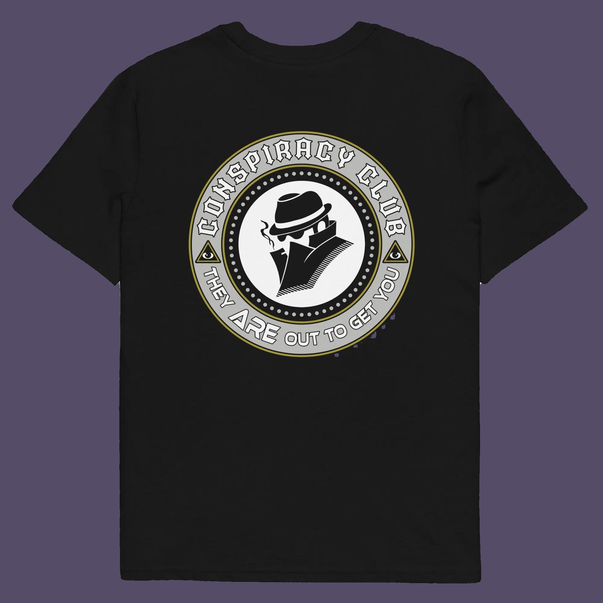 Black t shirt back. A conspiracy theorist t shirt. These days there's a conspiracy theory for every occasion, join the club, expand your alternative imagination. Think outside the box. Underground art on apparel. Made from 100% organic ring-spun cotton, these conspiracy theory t shirts are unisex, high-quality, super comfy, and best of all, eco-friendly.