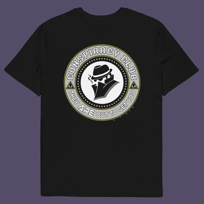 Black t shirt back. A conspiracy theorist t shirt. These days there's a conspiracy theory for every occasion, join the club, expand your alternative imagination. Think outside the box. Underground art on apparel. Made from 100% organic ring-spun cotton, these conspiracy theory t shirts are unisex, high-quality, super comfy, and best of all, eco-friendly.