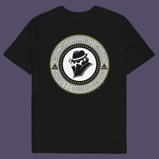 Black t shirt back. A conspiracy theorist t shirt. These days there's a conspiracy theory for every occasion, join the club, expand your alternative imagination. Think outside the box. Underground art on apparel. Made from 100% organic ring-spun cotton, these conspiracy theory t shirts are unisex, high-quality, super comfy, and best of all, eco-friendly.