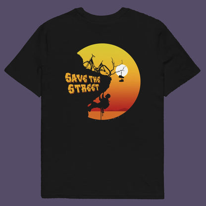 Black t shirt back. A street art t shirt design paying homage to street life. As our society increasingly turns to an online based community it's worth giving a shout out to where the real community is based, on the streets! Let's keep them full of life. Made from 100% organic ring-spun cotton, these street art t shirts are unisex, high quality, super comfy, and best of all, eco-friendly.