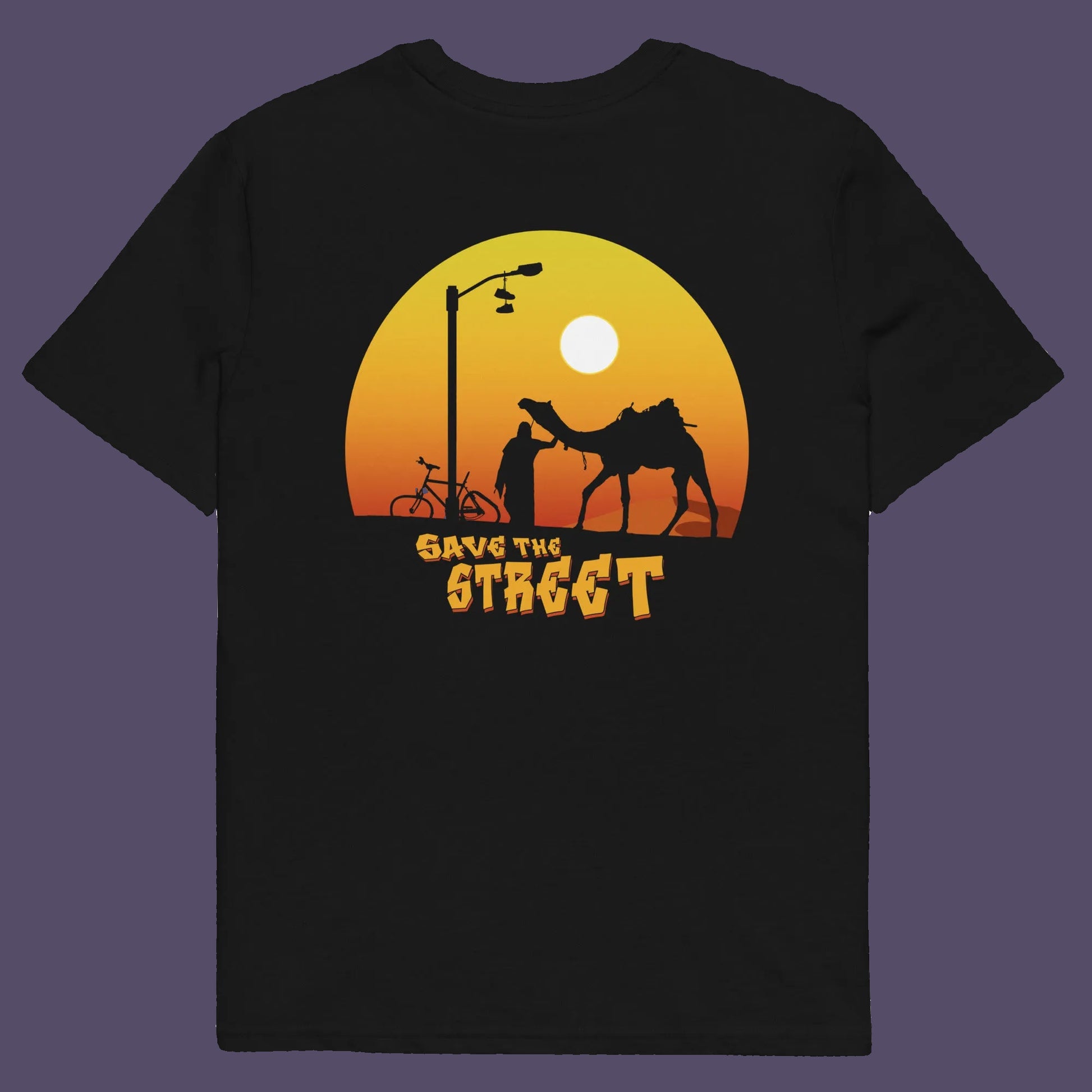 Black t shirt back. This street art t shirt stencil represents inner city street life as a culture of it's own. There is a ground level reality mixed with trustworthy honestly at street level in towns and cities across the planet. Wherever you are in the world, may the street be with you. Made from 100% organic ring-spun cotton, this urban art t shirt is unisex, high-quality, super comfy, and best of all, eco-friendly.