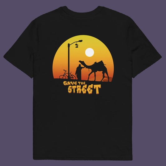 Black t shirt back. This street art t shirt stencil represents inner city street life as a culture of it's own. There is a ground level reality mixed with trustworthy honestly at street level in towns and cities across the planet. Wherever you are in the world, may the street be with you. Made from 100% organic ring-spun cotton, this urban art t shirt is unisex, high-quality, super comfy, and best of all, eco-friendly.