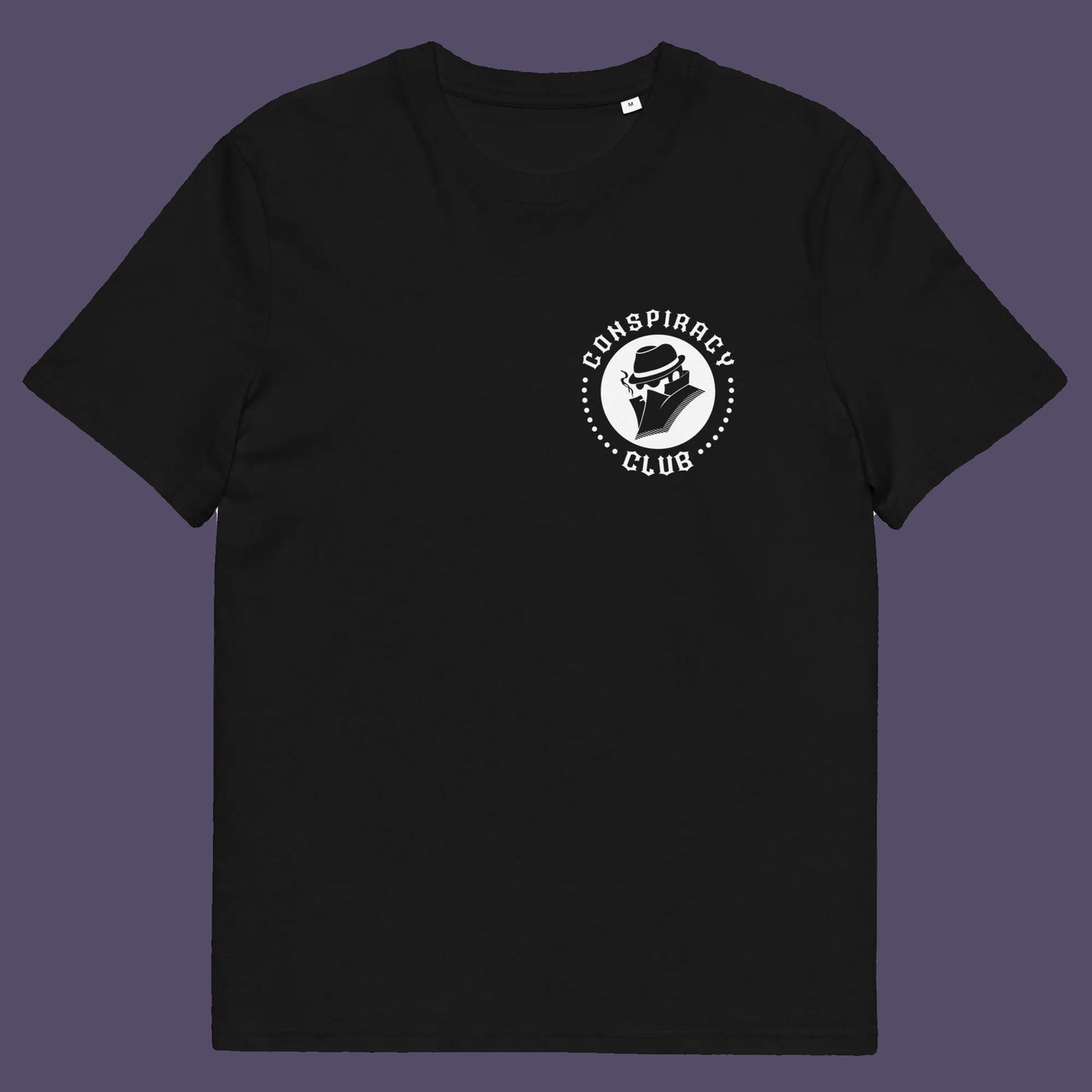Black t shirt front. A conspiracy theorist t shirt. These days there's a conspiracy theory for every occasion, join the club, expand your alternative imagination. Think outside the box. Underground art on apparel. Made from 100% organic ring-spun cotton, these conspiracy theory t shirts are unisex, high-quality, super comfy, and best of all, eco-friendly.