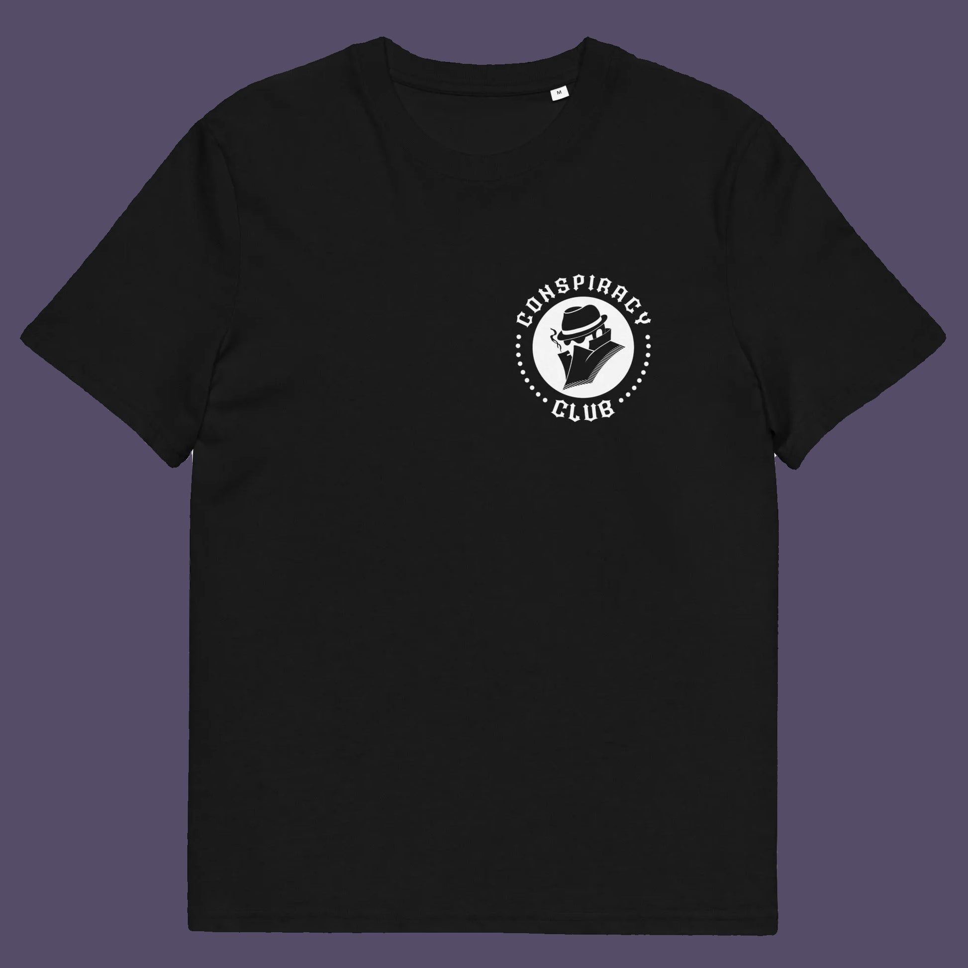 Black t shirt front. A conspiracy theorist t shirt. These days there's a conspiracy theory for every occasion, join the club, expand your alternative imagination. Think outside the box. Underground art on apparel. Made from 100% organic ring-spun cotton, these conspiracy theory t shirts are unisex, high-quality, super comfy, and best of all, eco-friendly.