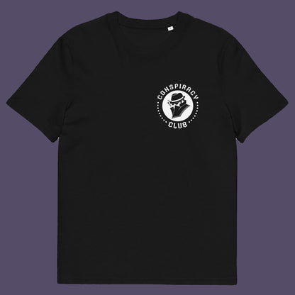 Black t shirt front. A conspiracy theorist t shirt. These days there's a conspiracy theory for every occasion, join the club, expand your alternative imagination. Think outside the box. Underground art on apparel. Made from 100% organic ring-spun cotton, these conspiracy theory t shirts are unisex, high-quality, super comfy, and best of all, eco-friendly.