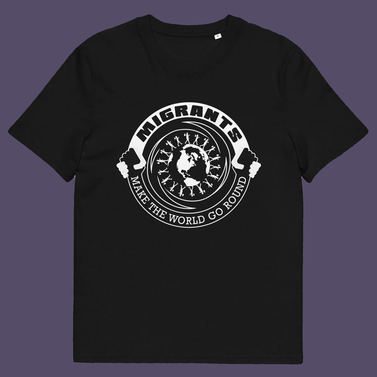 Black t shirt. An anti racism t shirt showing support for migrants. If you believe that migrants help keep the gene pool fresh and encourage culture growth, or just believe there should be no borders, this migrant rights t shirt is for you. Made from 100% organic ring-spun cotton, this anti racism t shirt is unisex, high-quality, super comfy, and best of all, eco-friendly.