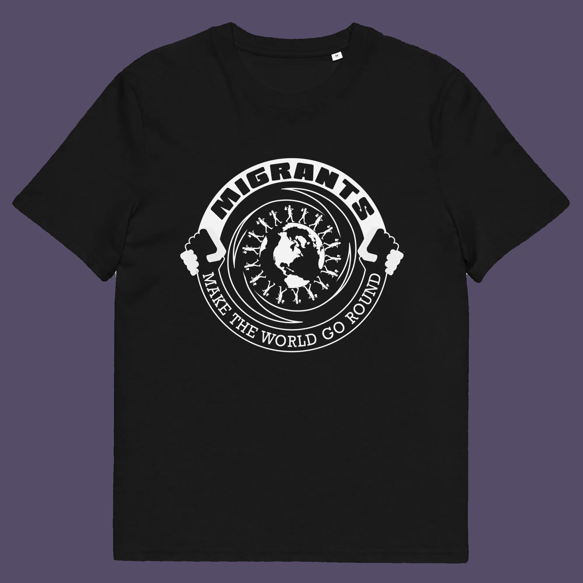 Black t shirt. An anti racism t shirt showing support for migrants. If you believe that migrants help keep the gene pool fresh and encourage culture growth, or just believe there should be no borders, this migrant rights t shirt is for you. Made from 100% organic ring-spun cotton, this anti racism t shirt is unisex, high-quality, super comfy, and best of all, eco-friendly.