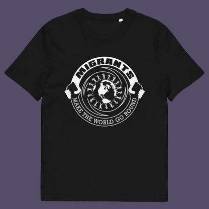 Black t shirt. An anti racism t shirt showing support for migrants. If you believe that migrants help keep the gene pool fresh and encourage culture growth, or just believe there should be no borders, this migrant rights t shirt is for you. Made from 100% organic ring-spun cotton, this anti racism t shirt is unisex, high-quality, super comfy, and best of all, eco-friendly.