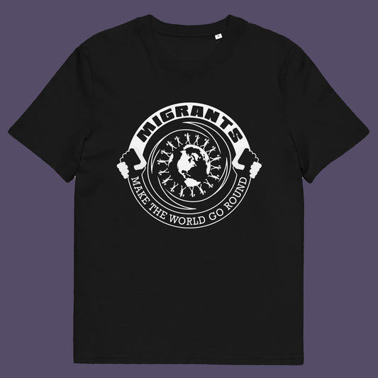 Black t shirt. An anti racism t shirt showing support for migrants. If you believe that migrants help keep the gene pool fresh and encourage culture growth, or just believe there should be no borders, this migrant rights t shirt is for you. Made from 100% organic ring-spun cotton, this anti racism t shirt is unisex, high-quality, super comfy, and best of all, eco-friendly.