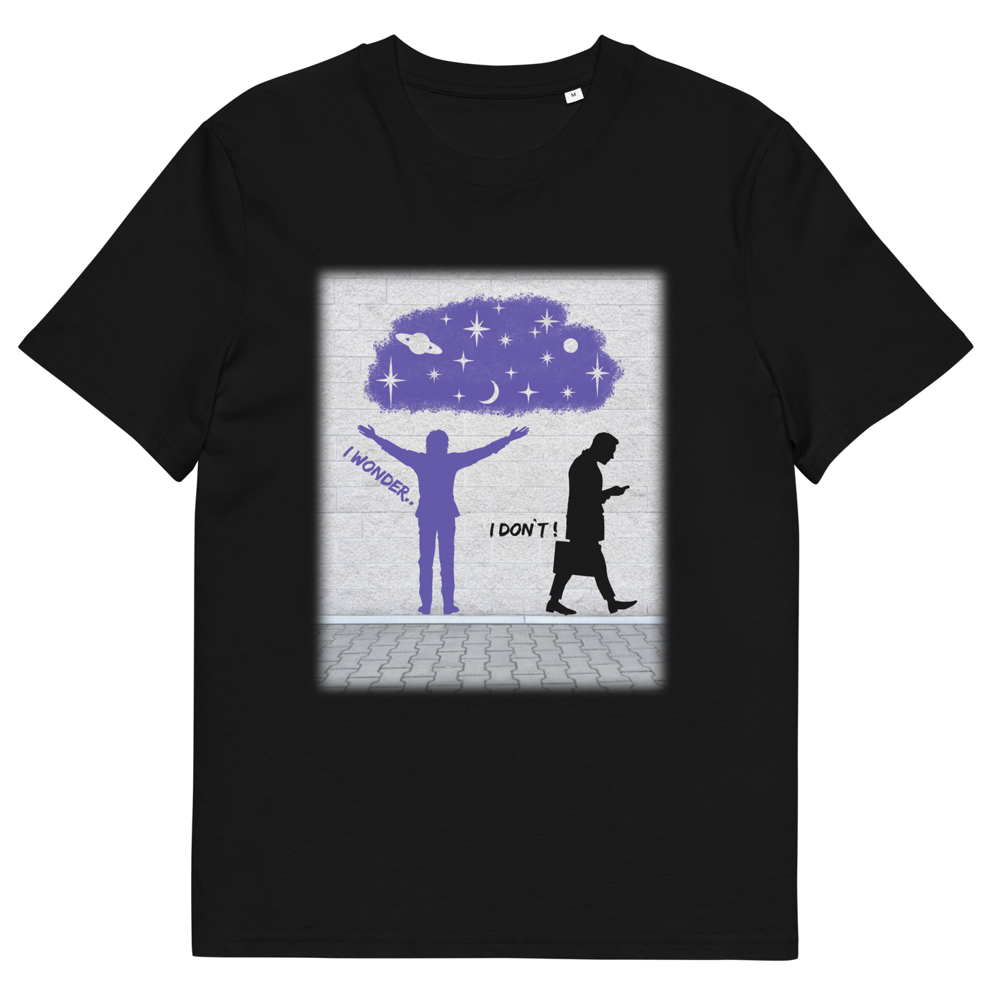 Black t shirt. This anti mobile phone abuse t shirt light heartedly pokes fun at people who never look up from their phone. If you believe letting a machine do most of your thinking for you will dull your imagination, this satirical design is for you. Made from 100% organic ring-spun cotton, these anti mobile phone abuse t shirts are unisex, high quality, super comfy, and best of all, eco-friendly.