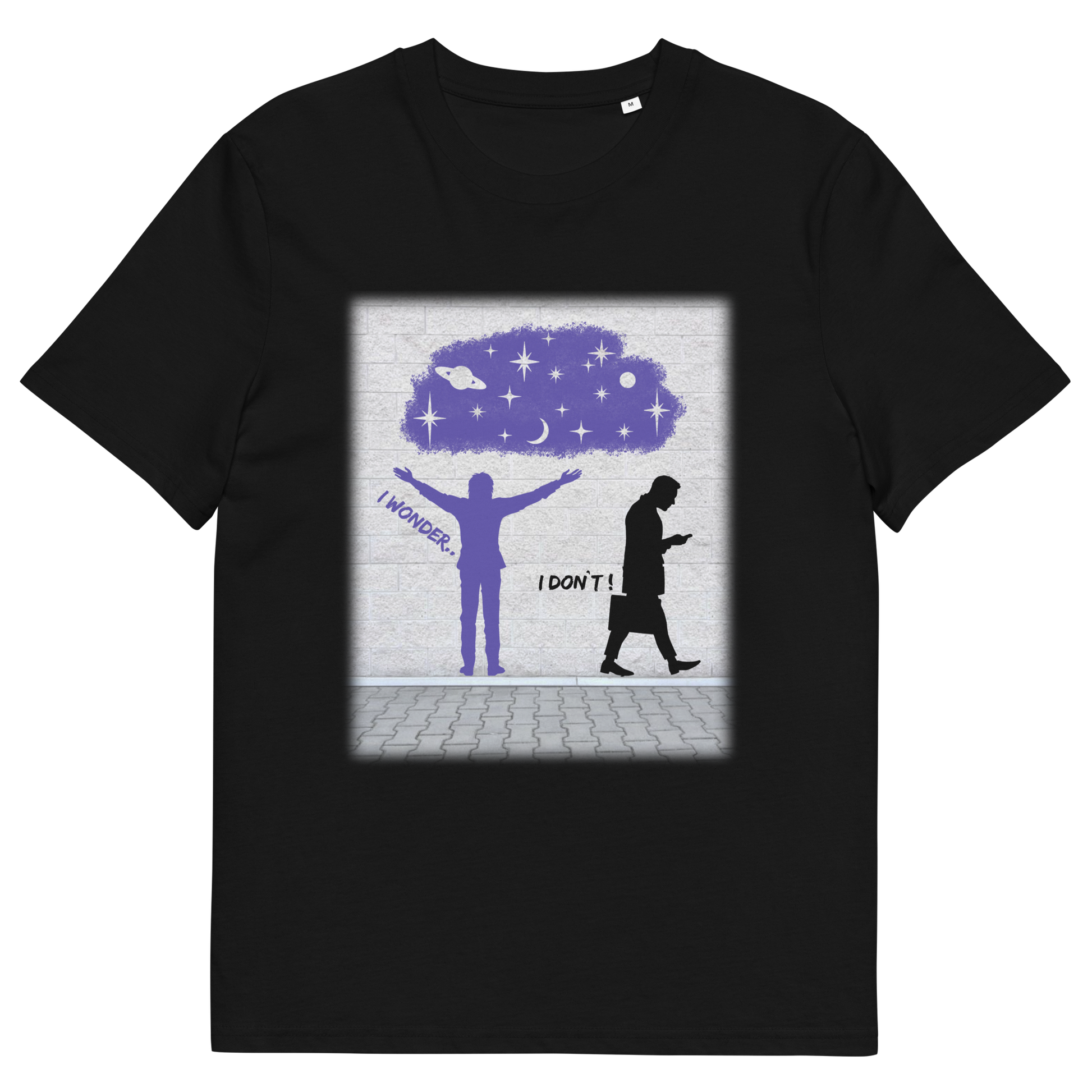 Black t shirt. This anti mobile phone abuse t shirt light heartedly pokes fun at people who never look up from their phone. If you believe letting a machine do most of your thinking for you will dull your imagination, this satirical design is for you. Made from 100% organic ring-spun cotton, these anti mobile phone abuse t shirts are unisex, high quality, super comfy, and best of all, eco-friendly.