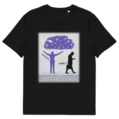 Black t shirt. This anti mobile phone abuse t shirt light heartedly pokes fun at people who never look up from their phone. If you believe letting a machine do most of your thinking for you will dull your imagination, this satirical design is for you. Made from 100% organic ring-spun cotton, these anti mobile phone abuse t shirts are unisex, high quality, super comfy, and best of all, eco-friendly.