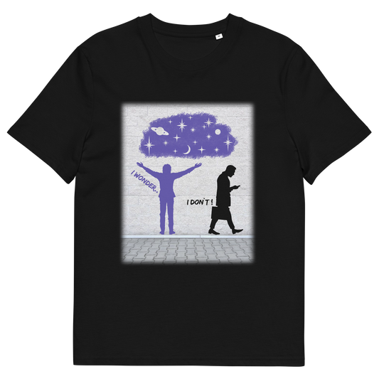 Black t shirt. This anti mobile phone abuse t shirt light heartedly pokes fun at people who never look up from their phone. If you believe letting a machine do most of your thinking for you will dull your imagination, this satirical design is for you. Made from 100% organic ring-spun cotton, these anti mobile phone abuse t shirts are unisex, high quality, super comfy, and best of all, eco-friendly.