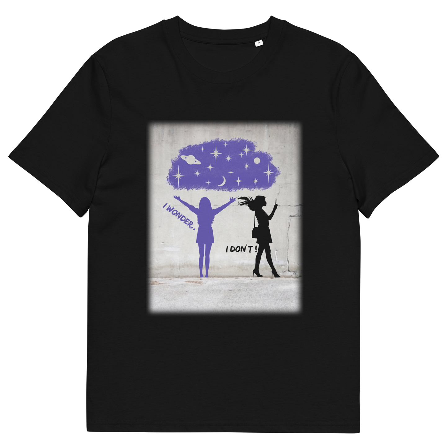 Black t shirt. This anti mobile phone abuse t shirt light heartedly pokes fun at people who never look up from their phone. If you believe letting a machine do most of your thinking for you will dull your imagination, this satirical design is for you. Made from 100% organic ring-spun cotton, these anti mobile phone abuse t shirts are unisex, high quality, super comfy, and best of all, eco-friendly.