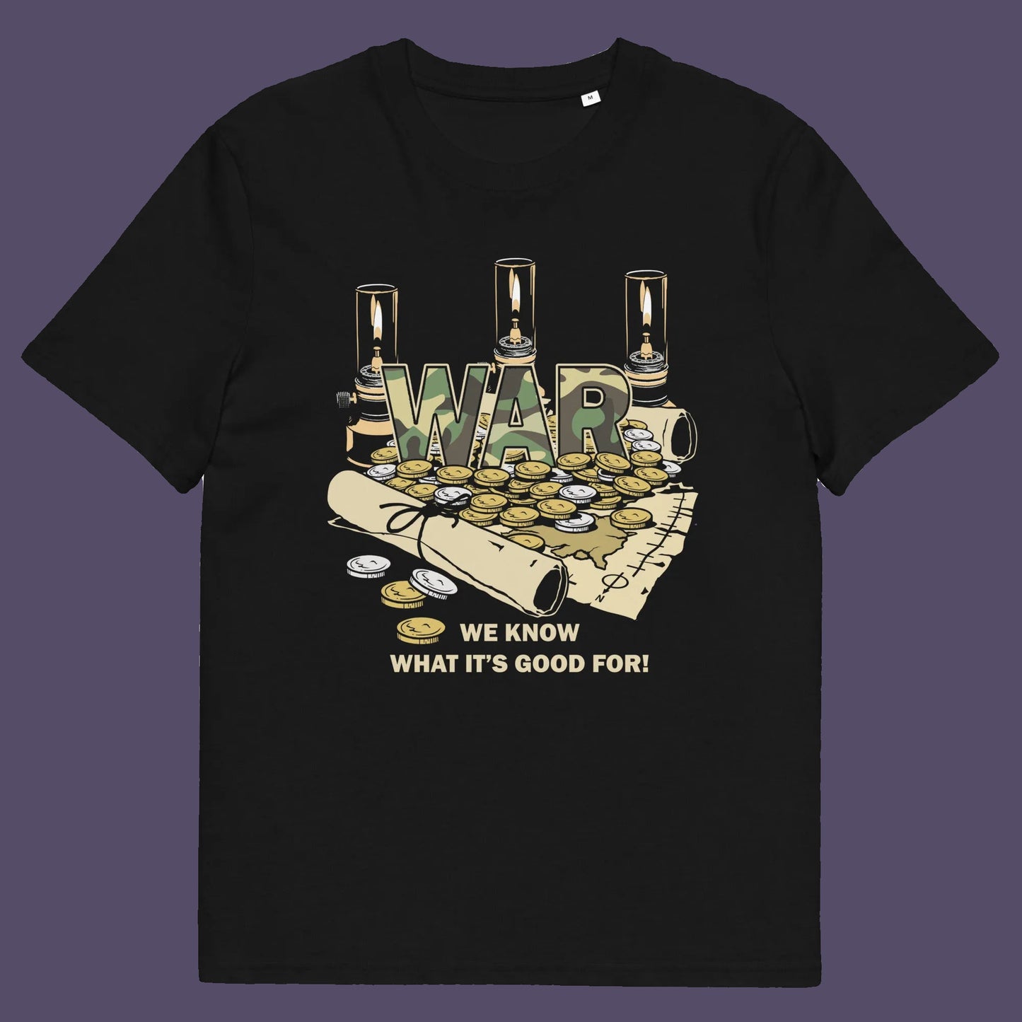 Black t shirt. A satirical anti-war t-shirt suggesting we know what it's good for, money and land deeds for starters. Expose the big business of War with this unique design made for any anti-war demonstration. Made from 100% organic ring-spun cotton, this non conformist t shirt is unisex, high-quality, super comfy, and best of all, eco-friendly.