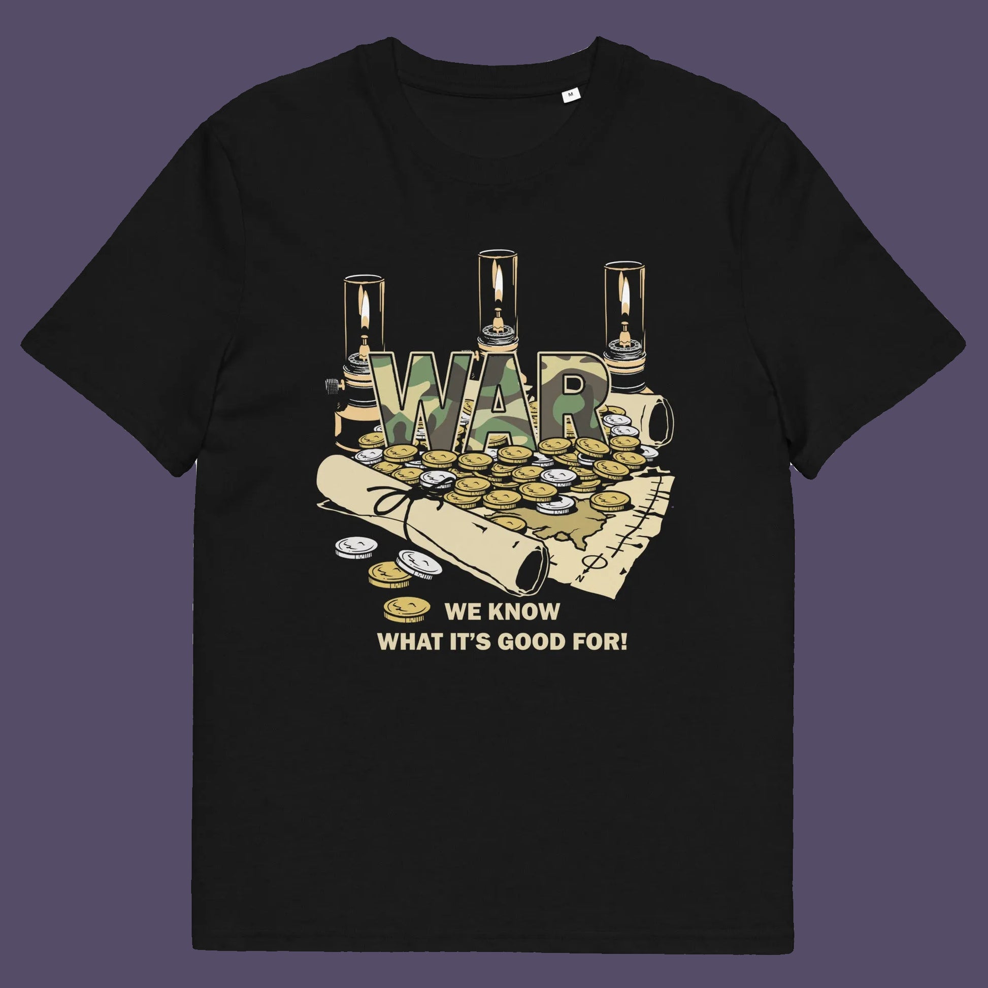 Black t shirt. A satirical anti-war t-shirt suggesting we know what it's good for, money and land deeds for starters. Expose the big business of War with this unique design made for any anti-war demonstration. Made from 100% organic ring-spun cotton, this non conformist t shirt is unisex, high-quality, super comfy, and best of all, eco-friendly.