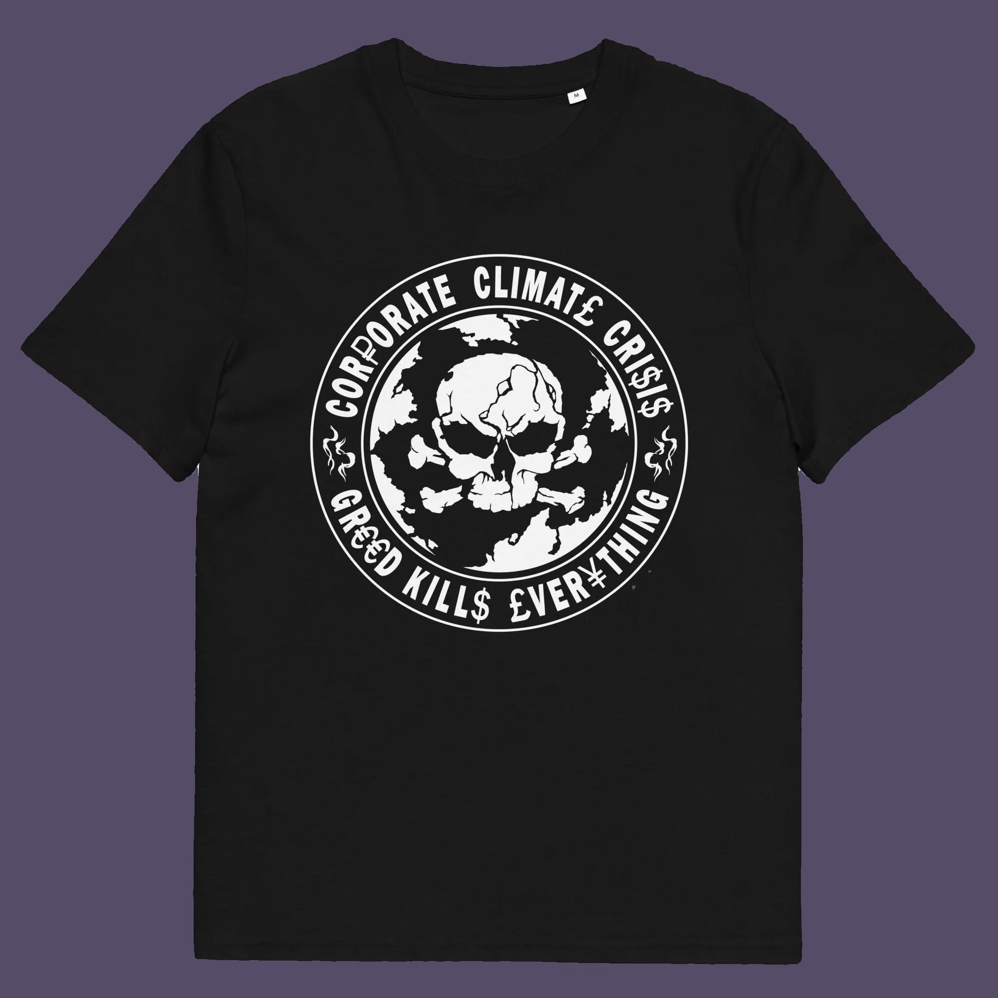 Black t shirt. An anti corporate t shirt encouraging social awareness and support to save our planet from corporate negligence. Make it clear you are no fool to where the climate problem blame should be placed with this original design. Made from 100% organic ring-spun cotton, this save the world t shirt is unisex, high-quality, super comfy, and best of all, eco-friendly.