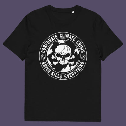 Black t shirt. An anti corporate t shirt encouraging social awareness and support to save our planet from corporate negligence. Make it clear you are no fool to where the climate problem blame should be placed with this original design. Made from 100% organic ring-spun cotton, this save the world t shirt is unisex, high-quality, super comfy, and best of all, eco-friendly.