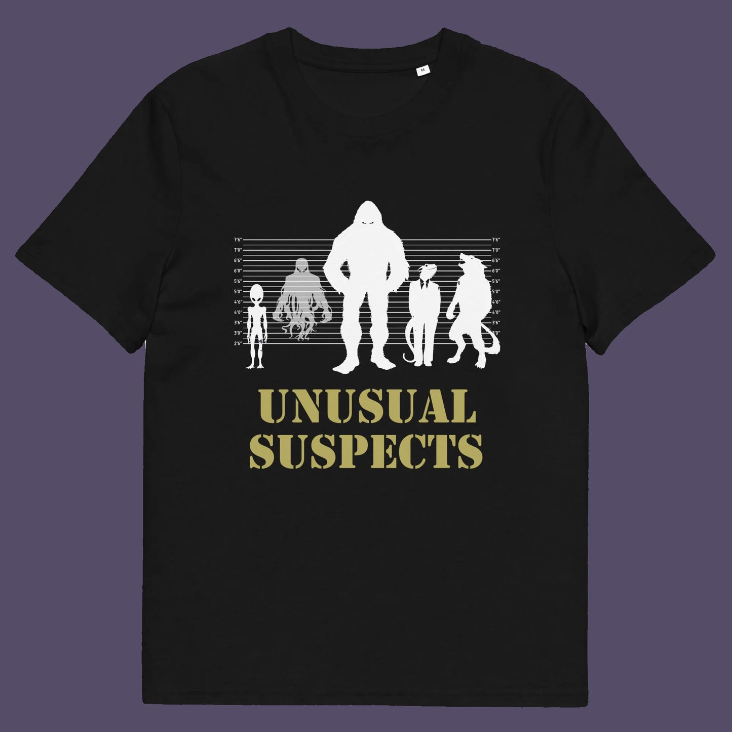 Black t shirt. A conspiracy theorist t shirt for movie lovers. From bigfoot to aliens, these are the personnel responsible for most cover ups and disputed existences. This imaginative stencil art design is for people who think outside the box. Made from 100% organic ring-spun cotton, this witty conspiracy theory t-shirt is unisex, high-quality, super comfy, and best of all, eco-friendly.