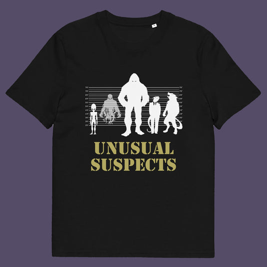 Black t shirt. A conspiracy theorist t shirt for movie lovers. From bigfoot to aliens, these are the personnel responsible for most cover ups and disputed existences. This imaginative stencil art design is for people who think outside the box. Made from 100% organic ring-spun cotton, this witty conspiracy theory t-shirt is unisex, high-quality, super comfy, and best of all, eco-friendly.