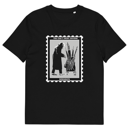 Black t shirt. A stencil graffiti t shirt displaying a humorous view of how careful you have to be living in a culture of fear when you come from a more trusting generation. Made from 100% organic ring-spun cotton, this urban art t shirt is unisex, high-quality, super comfy, and best of all, eco-friendly.