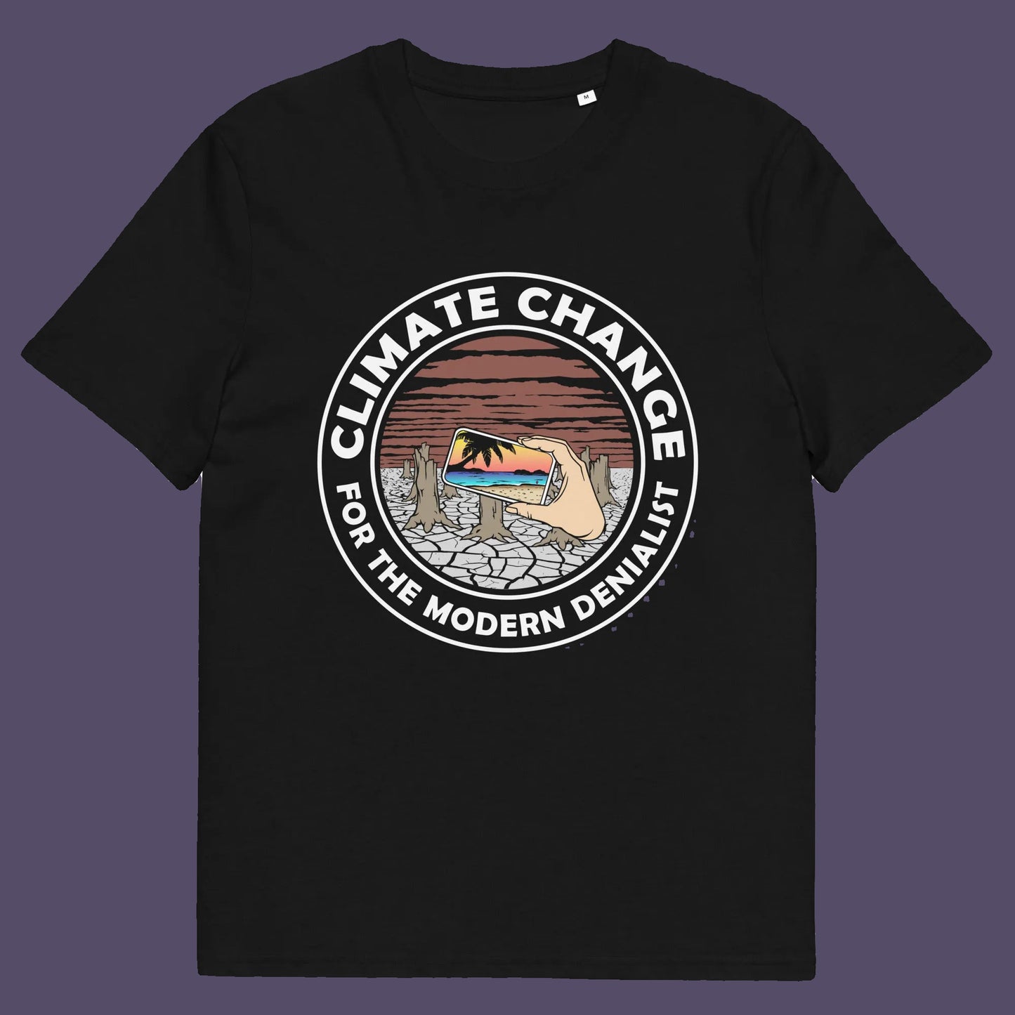 Black t shirt. A satirical save the planet t-shirt exposing the denial still opposing a very serious issue. In this age of smart technology it's surprising there isn't an app that helps us ignore the environmental crisis. Satire at it's best. Made from 100% organic ring-spun cotton, this save the world t shirt is unisex, high-quality, super comfy, and best of all, eco-friendly.