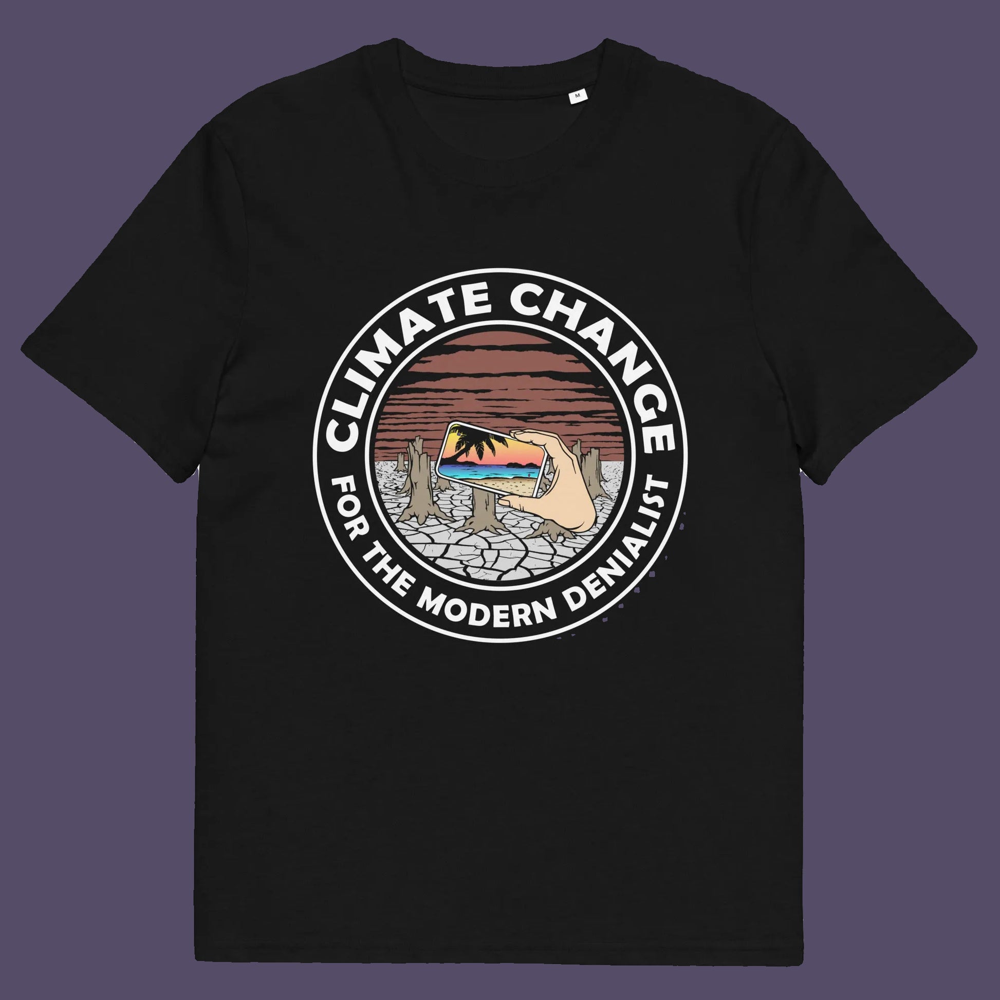 Black t shirt. A satirical save the planet t-shirt exposing the denial still opposing a very serious issue. In this age of smart technology it's surprising there isn't an app that helps us ignore the environmental crisis. Satire at it's best. Made from 100% organic ring-spun cotton, this save the world t shirt is unisex, high-quality, super comfy, and best of all, eco-friendly.