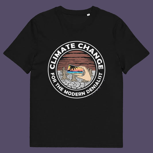 Black t shirt. A satirical save the planet t-shirt exposing the denial still opposing a very serious issue. In this age of smart technology it's surprising there isn't an app that helps us ignore the environmental crisis. Satire at it's best. Made from 100% organic ring-spun cotton, this save the world t shirt is unisex, high-quality, super comfy, and best of all, eco-friendly.