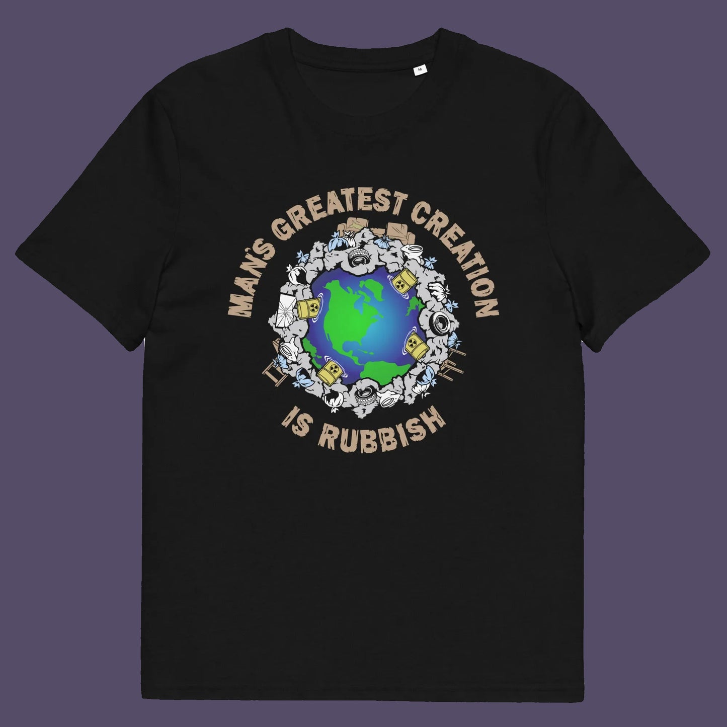 Black t shirt. A satirical save the planet t shirt design. If you really think about it the biggest creation man has added to the world is actually biproduct and trash. No wonder the planet is at risk of being poisoned. Made from 100% organic ring-spun cotton, this save the planet t shirt is unisex, high-quality, super comfy, and best of all, eco-friendly.