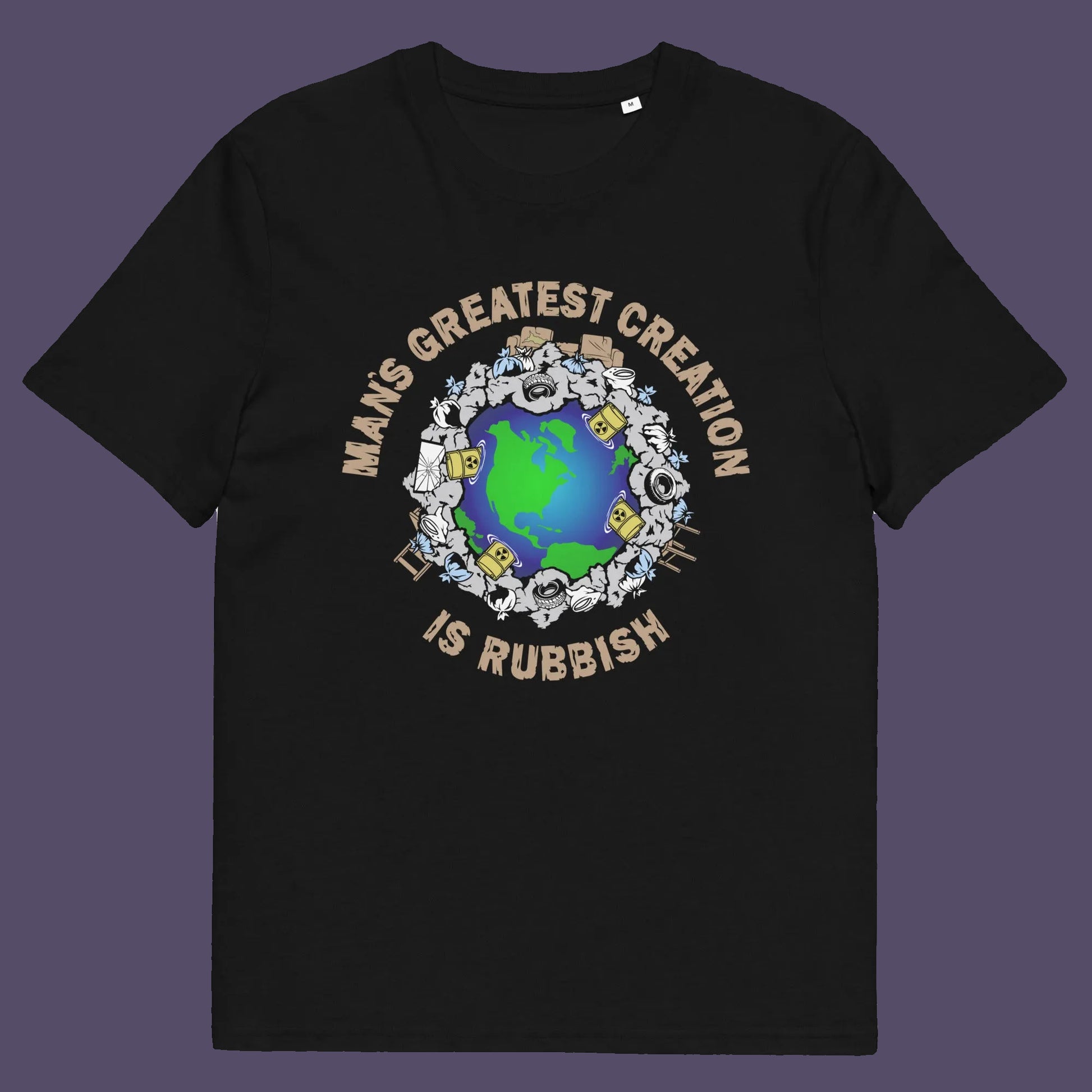 Black t shirt. A satirical save the planet t shirt design. If you really think about it the biggest creation man has added to the world is actually biproduct and trash. No wonder the planet is at risk of being poisoned. Made from 100% organic ring-spun cotton, this save the planet t shirt is unisex, high-quality, super comfy, and best of all, eco-friendly.