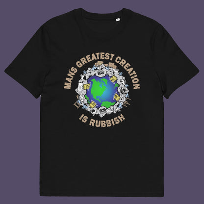 Black t shirt. A satirical save the planet t shirt design. If you really think about it the biggest creation man has added to the world is actually biproduct and trash. No wonder the planet is at risk of being poisoned. Made from 100% organic ring-spun cotton, this save the planet t shirt is unisex, high-quality, super comfy, and best of all, eco-friendly.