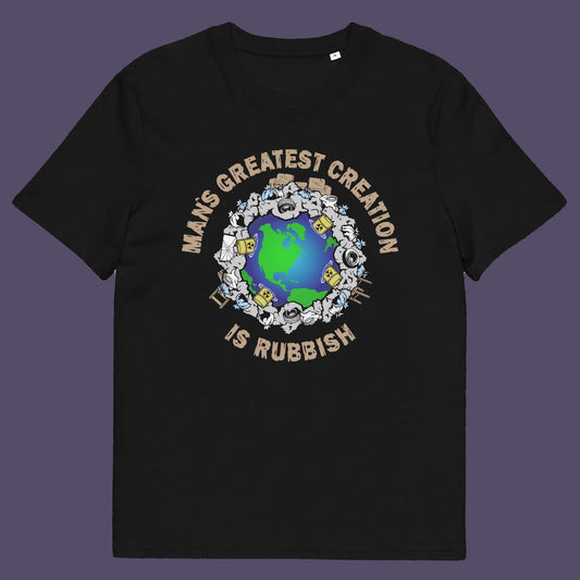 Black t shirt. A satirical save the planet t shirt design. If you really think about it the biggest creation man has added to the world is actually biproduct and trash. No wonder the planet is at risk of being poisoned. Made from 100% organic ring-spun cotton, this save the planet t shirt is unisex, high-quality, super comfy, and best of all, eco-friendly.