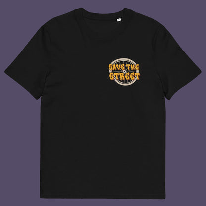 Black t shirt front. A street art t shirt design paying homage to street life. As our society increasingly turns to an online based community it's worth giving a shout out to where the real community is based, on the streets! Let's keep them full of life. Made from 100% organic ring-spun cotton, these street art t shirts are unisex, high quality, super comfy, and best of all, eco-friendly.