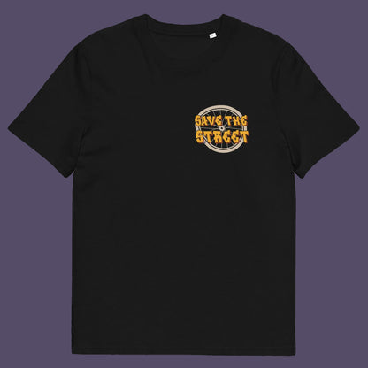 Black t shirt front. This street art t shirt stencil represents inner city street life as a culture of it's own. There is a ground level reality mixed with trustworthy honestly at street level in towns and cities across the planet. Wherever you are in the world, may the street be with you. Made from 100% organic ring-spun cotton, this urban art t shirt is unisex, high-quality, super comfy, and best of all, eco-friendly.