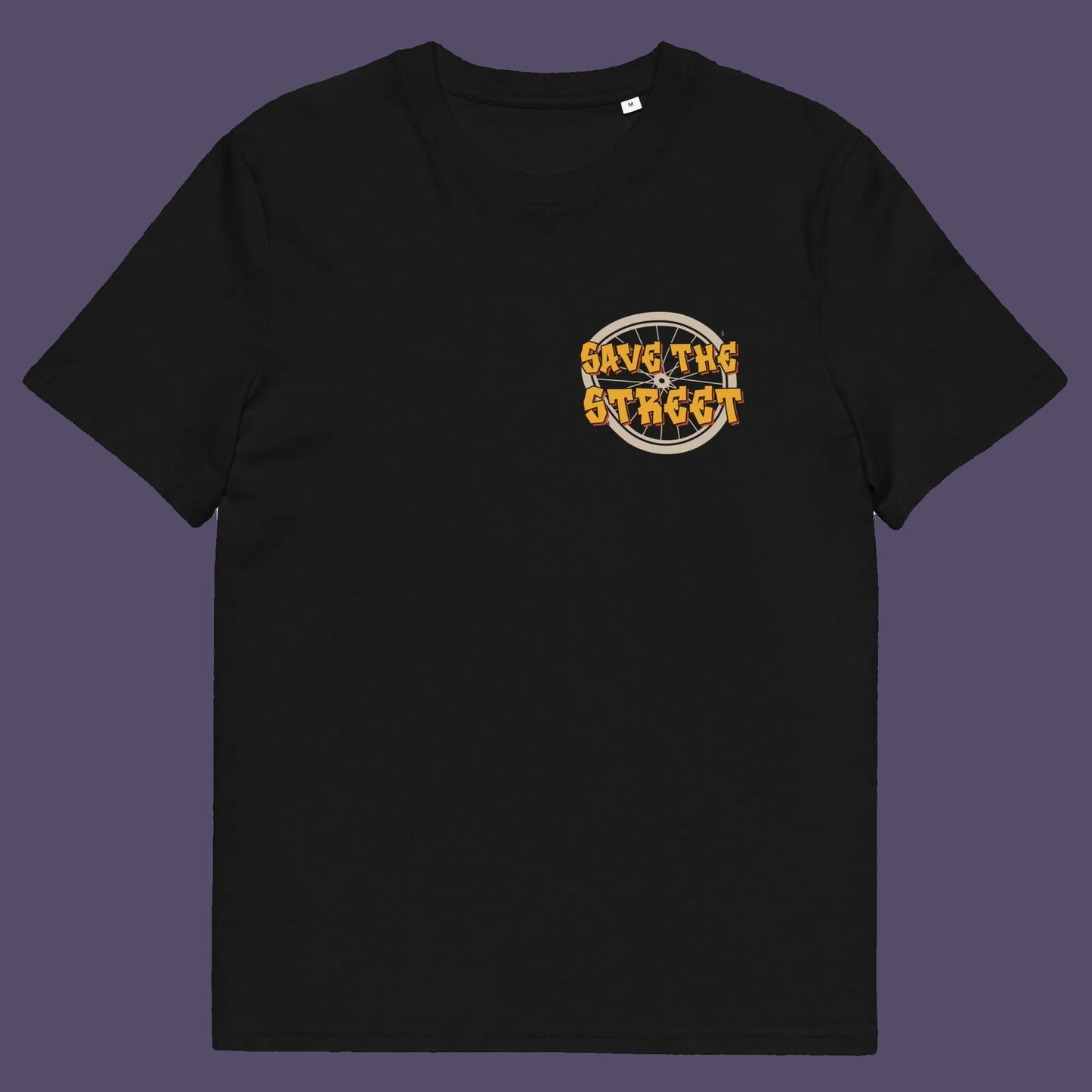 Black t shirt front. This street art t shirt stencil represents inner city street life as a culture of it's own. There is a ground level reality mixed with trustworthy honestly at street level in towns and cities across the planet that cannot be replicated by social media. Wherever you are in the world, may the street be with you. Made from 100% organic ring-spun cotton, this urban art t shirt is unisex, high-quality, super comfy, and best of all, eco-friendly.