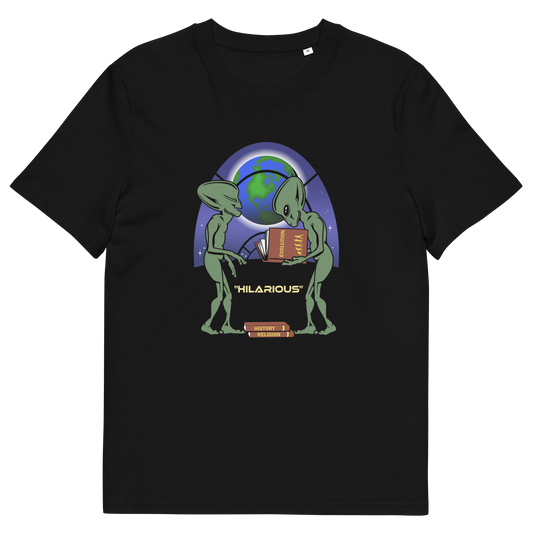 Black t shirt. This funny alien t shirt suggest we are being lied to about our history and the aliens know the truth. A design for alien loving conspiracy theorists. Have the aliens had more influence in our lives than we are lead to believe ? Made from 100% organic ring-spun cotton, these cool sci fi t shirts are unisex, high-quality, super comfy, and best of all, eco-friendly.