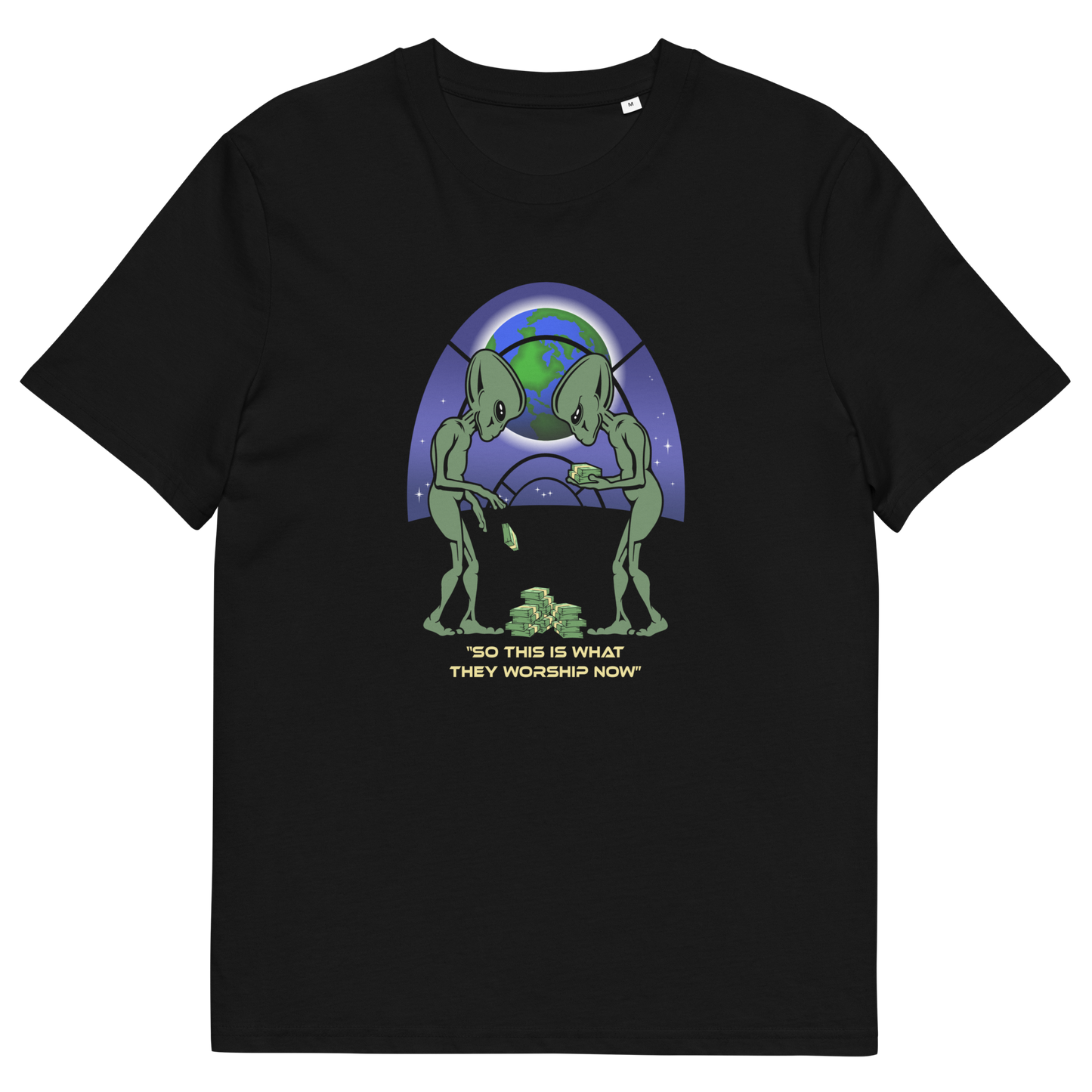 Black t shirt. This funny sci fi t shirt is for alien lovers and anti capitalist, and depicts the disappointment of a civilisation now overly obsessed with money and greed. Is it any wonder the aliens have given up on us. Made from 100% organic ring-spun cotton, this anti capitalist t shirt is unisex, high-quality, super comfy, and best of all, eco-friendly.